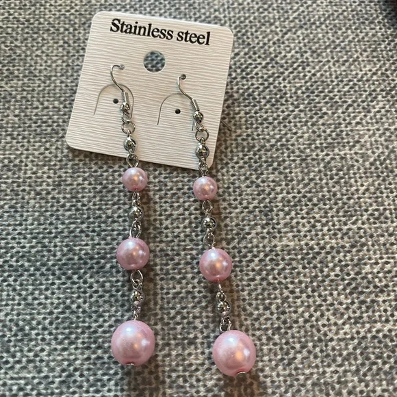 Stainless Steel Pink Dangle Earrings - Picture 2 of 2